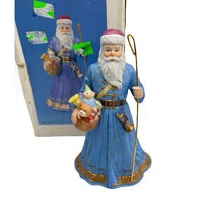 1988 Lefton Santa Claus Victorian Music Box "Deck the Halls" Blue Coat W/ Toys
